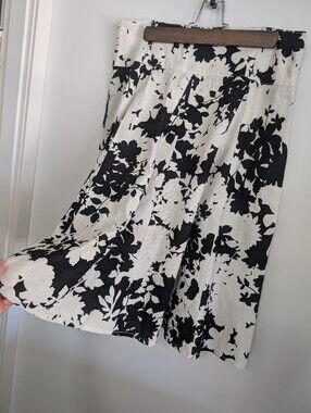 Zokai Medium Linen Skirt Half Circle Skater High Waist Belt Black White Flowers